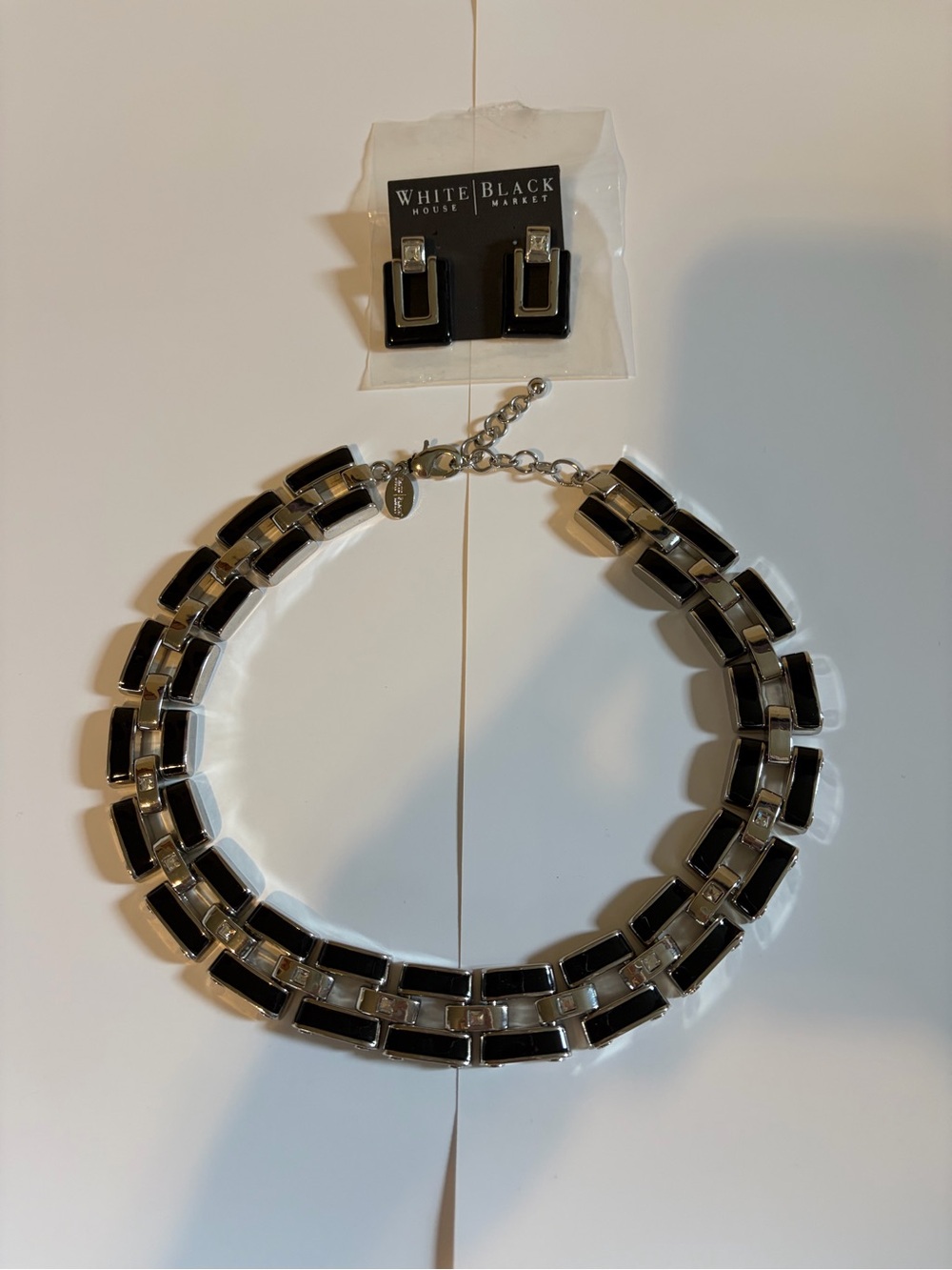 White House Black Market Black and Silver Collar Necklace with Matching Earrings